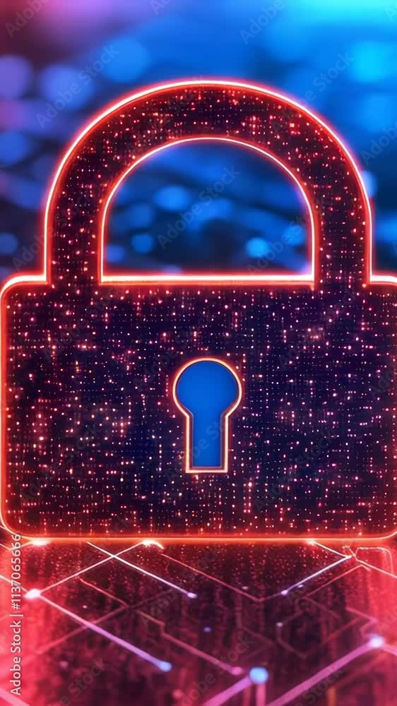 Poster glowing digital padlock symbolizing cybersecurity and data protection with glowing circuits