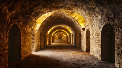 Fototapeta premium Ancient Stone Archway Tunnel Illuminated Pathway