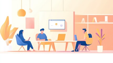 Team meeting in modern office, colleagues collaborating on project, using laptops and screen.