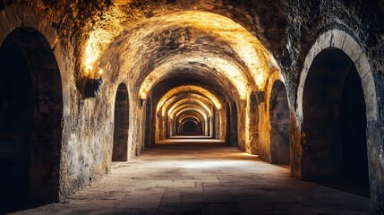 Obraz premium Ancient Stone Corridor Archway Illuminated Pathway