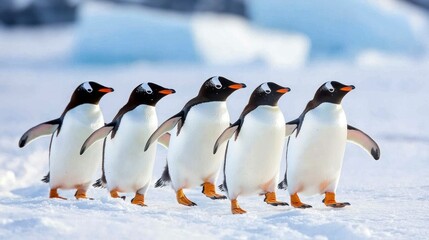 Fototapeta premium Four Gentoo penguins walking in single file on snow with icebergs in background.