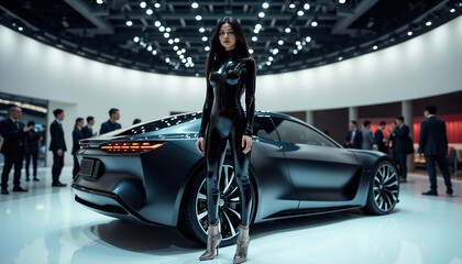 A fashionable woman in sleek attire stands confidently near an elegant futuristic car in a vibrant auto exhibition, showcasing innovation, style, and technology in an urban setting.

