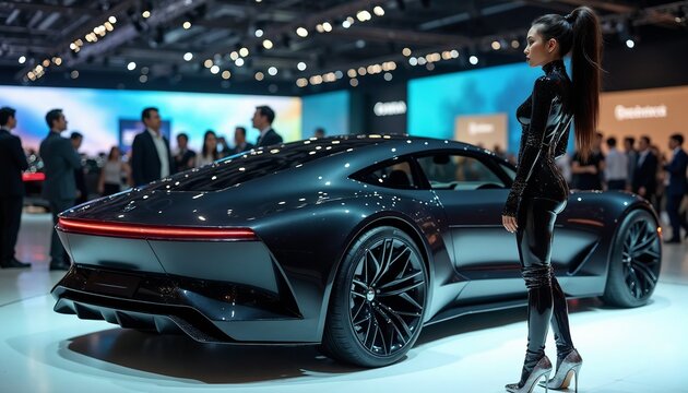 A fashionable woman in sleek attire stands confidently near an elegant futuristic car in a vibrant auto exhibition, showcasing innovation, style, and technology in an urban setting.

