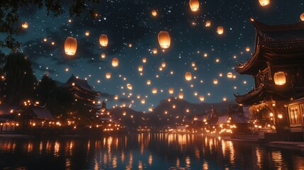 Night scene of many floating lanterns over a tranquil Asian town by a river, reflecting lights on water.