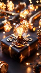 Fototapeta premium Wrapped Christmas gift with Victorian-inspired gears, brass pipes, and glowing Edison bulbs, surrounded by steampunk holiday decorations and lights