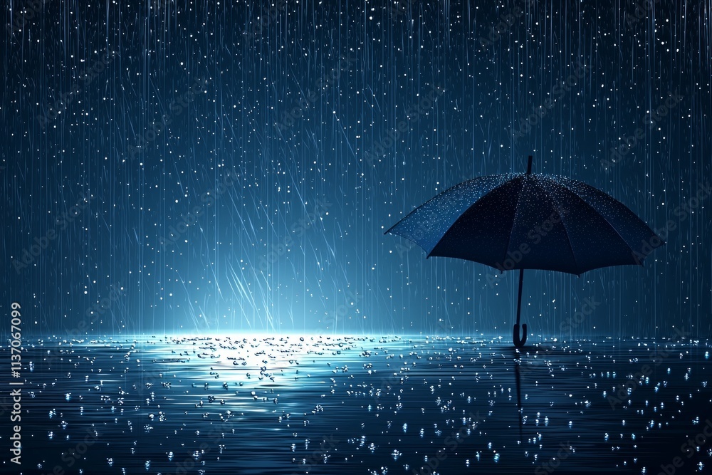 Poster calm scene features simple umbrella standing still in soft rain. raindrops fall quietly while puddle
