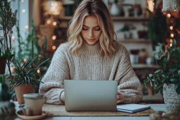 Fototapeta premium Young professional focused on work while enjoying coffee in a bright home office with plants and minimalist decor