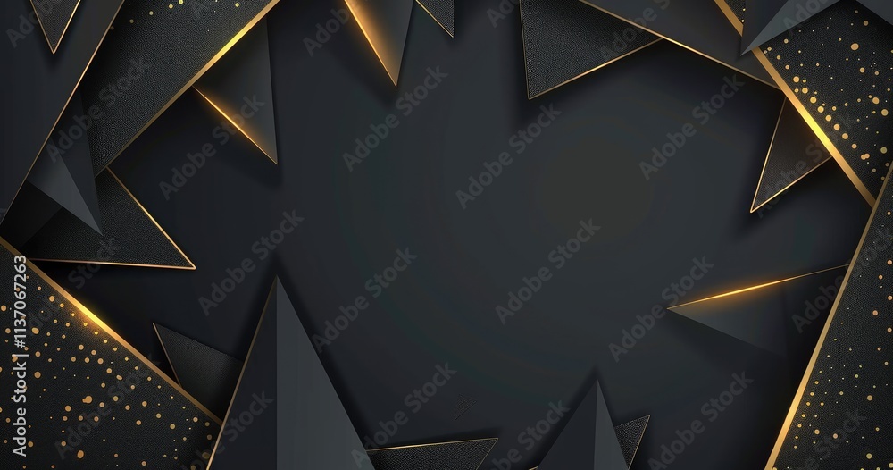 Poster abstract design featuring sharp geometric shapes and a dark background with golden accents.