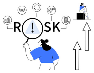 Woman magnifying the word risk with various icons representing different aspects of assessment. Ideal for financial planning, project management, business strategy, teamwork, data analysis, decision