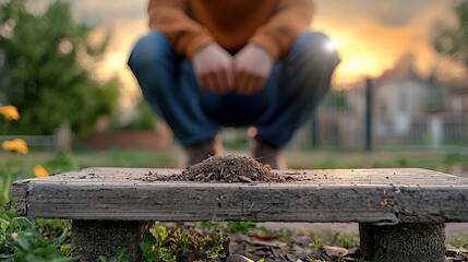 Fototapeta premium A male, possibly Hispanic, squats in a garden at sunset, observing a small mound of soil.
