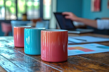 Close-up of colorful coffee mugs on a bustling office table with laptops and notepads promoting collaboration and creativity