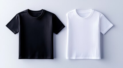 Naklejka premium White t-shirt mockup with bold black t-shirt beside it, both laying flat on a white surface, realistic shadowing and lighting, perfect for e-commerce