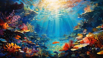 Obraz premium A vivid underwater view showcasing a thriving coral reef teeming with colorful fish. Sunlight streams through the water, casting bright rays onto the marine life below, creating a beautiful, vibrant