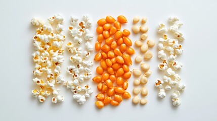 Colorful Arrangement of Popcorn Kernels and Popped Corn Variants