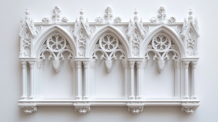 Fototapeta premium White Gothic architectural detail, three arched panels, ornate carvings.