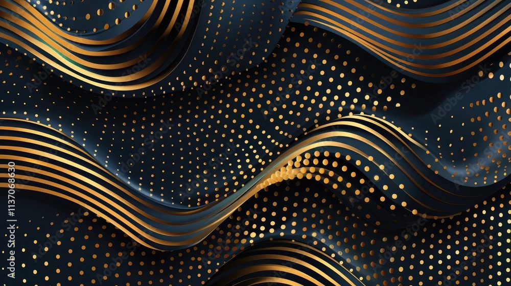 Poster abstract design featuring flowing dark waves with golden dots and lines for a luxurious feel.