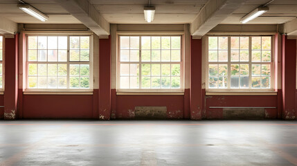Fototapeta premium Empty Room with Large Windows and Red Walls