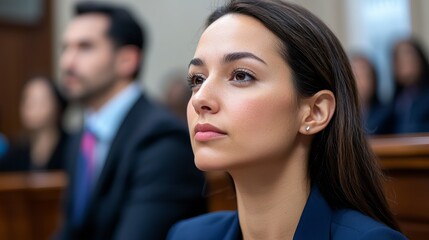 Fototapeta premium Thoughtful Latina woman attentively listening during a courtroom session.