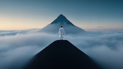 A solitary figure dressed in white standing on a peak above the clouds, gazing at a towering mountain in the distance, symbolizing ambition, tranquility, and the journey to great heights