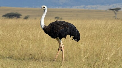 Naklejka premium Ostrich Walking Through Golden Grassland in Natural Habitat