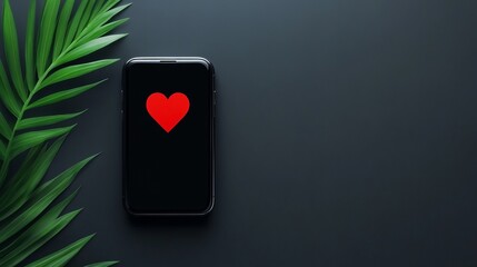 A smartphone with a red heart displayed on its screen, placed on a dark minimalist background next to a green palm leaf, symbolizing connection, love, and modern communication