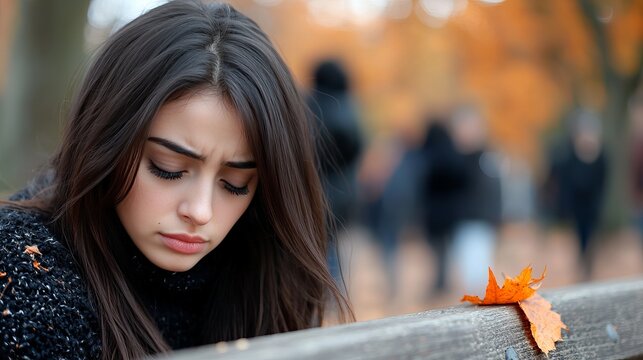 Pensive young Hispanic woman with long hair sitting outdoors, surrounded by autumn foliage.