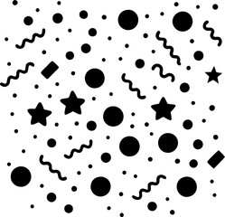 Seamless pattern with little rounded back stars, dots and strokes on white background. Vector illustration. Magic fireworks. Stardust memphis background. Constellation.