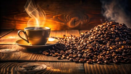 Obraz premium Rich espresso beans, vintage cup, dark woodâ€”a retro coffee scene perfectly captured.