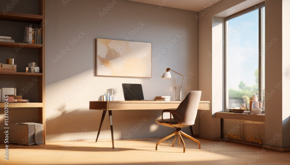 Poster a serene and minimalist home office featuring a clean desk with modern furniture. sunlight streams i