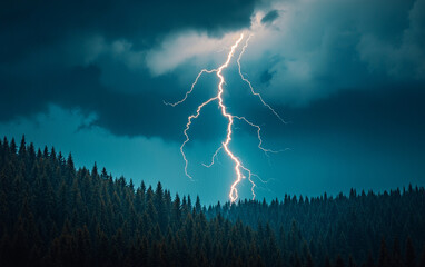 Dramatic lightning striking over a dense forest during a stormy sky.