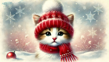 Adorable Kitten in a Red Winter Hat and Scarf Surrounded by Snowflakes in a Magical Winter Scene