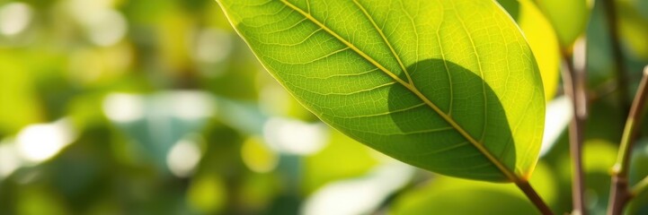 Vibrant green leaf with soft nature tranquil backdrop, vibrant, growth, environment