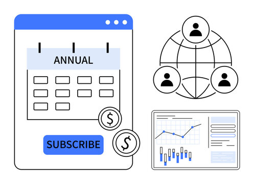 Calendar highlighting annual subscription with dollar icons, global networking of people, and data analytics chart. Ideal for business planning, financial services, network marketing, subscription - Powered by Adobe