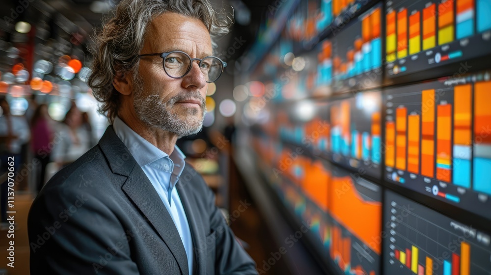 Poster a thoughtful businessman observes data analytics on digital displays in a modern office setting.