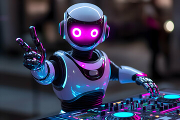 Neon Robot DJ Mixing Music at Night