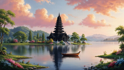 Beautiful temple on the serene lake surrounded by lush greenery and colorful flowers at sunset in a tranquil landscape