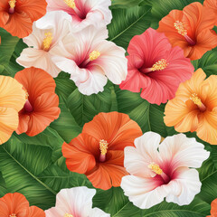 Fototapeta premium Vibrant hibiscus flowers in various colors, surrounded by lush green leaves, create tropical and lively atmosphere. Perfect for summer themed designs