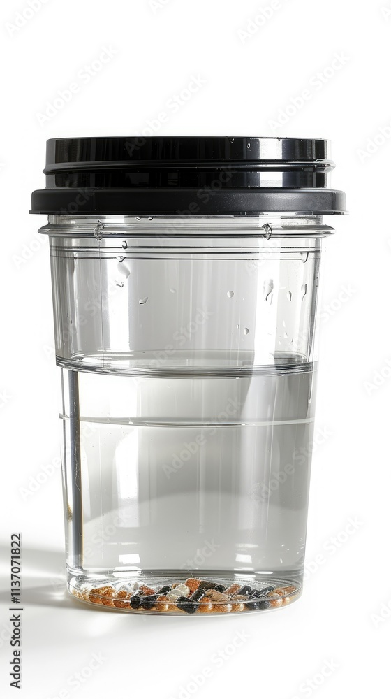 Poster A transparent cup filled with water and small objects at the bottom.