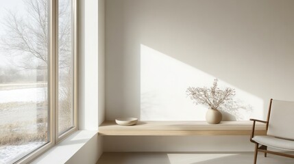 Minimalist room with sunlight, wooden shelf, chair, and vase.