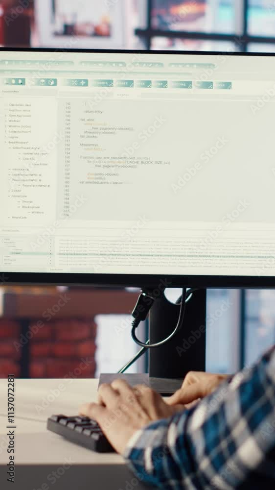 Fototapete Man in home office looks at green screen tablet and computer, typing and executing programming code. Coding application used by IT developer writing and testing code using chroma key device, camera B