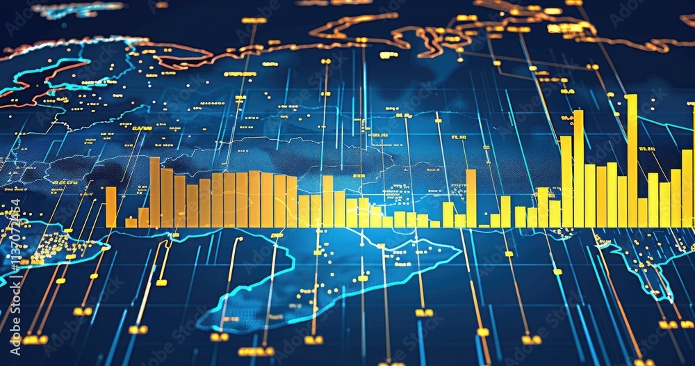 Poster a digital visualization of data trends over a world map, highlighting statistical information.