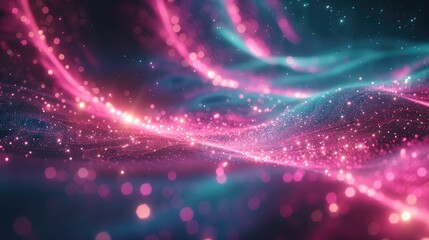 Fototapeta premium A vibrant abstract depiction of flowing light and particles in pink and blue hues.