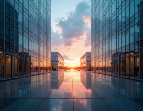 A towering office building with expansive glass windows reflects the vibrant colors of sunset. Urban surroundings and clear skies create a serene atmosphere as day transitions into night. GenerativeAI