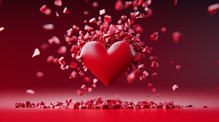 A bright red heart surrounded by exploding fragments, representing love, passion, and emotional intensity