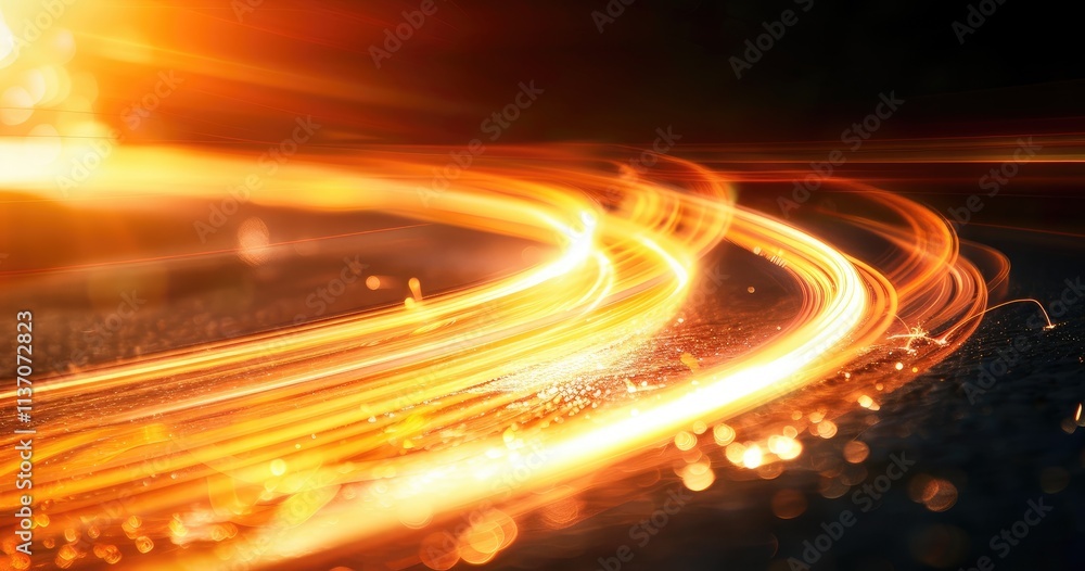 Poster a vibrant swirl of light trails on a dark surface, creating a dynamic and energetic effect.
