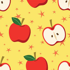 Seamless pattern cartoon of apple fruit and stars on yellow background. It's a pattern that looks feminine. Pattern design for fabric, wrapping paper, wallpaper and fashion prints.