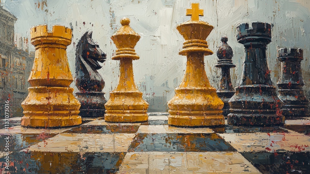 Poster vibrant chessboard features abstract bitcoin symbols as chess pieces set against flowing gradient ca