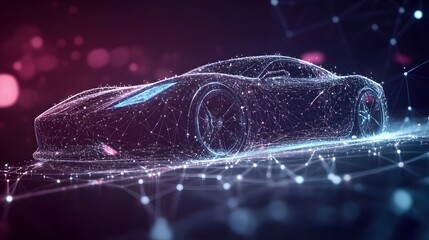 Futuristic sports car concept made of glowing neon wireframe lines and digital nodes on dark technology-inspired background with pink and blue light effects