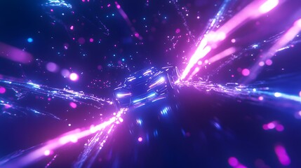 Obraz premium High-speed futuristic car racing through vibrant neon light beams in dark digital cyber environment, glowing pink and blue streaks, futuristic motion concept