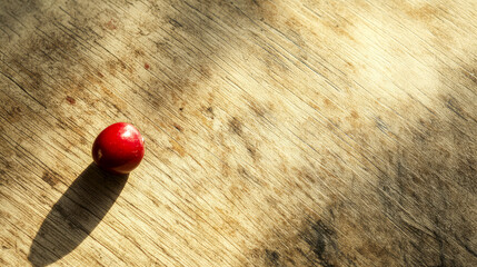 Single red cherry on wooden surface.